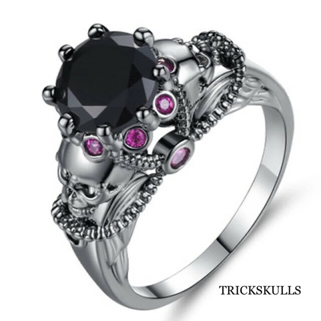 Dark Silver Stainless Double Skull Black Sapphire Dark Anodized Ring 7 8 9 New 24$